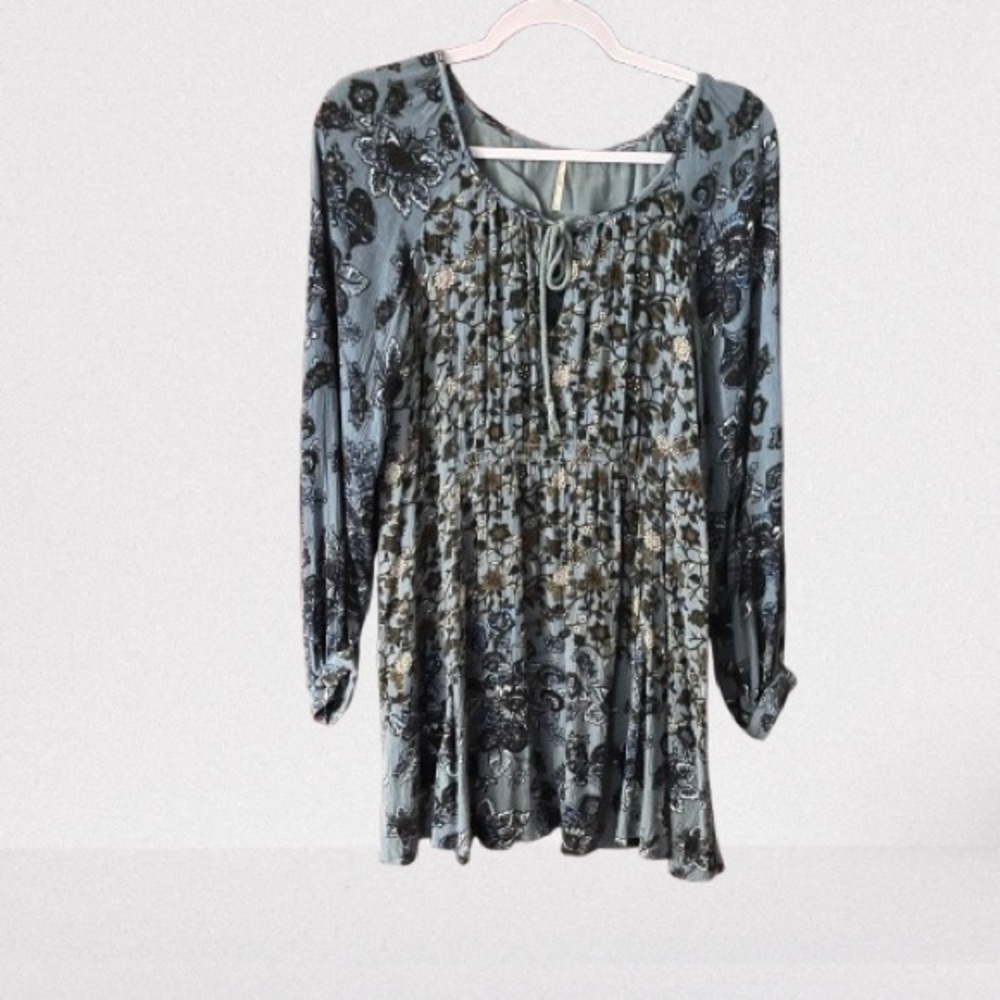 Free People Penny Lover Blue and Black Floral Babydoll Mini Dress